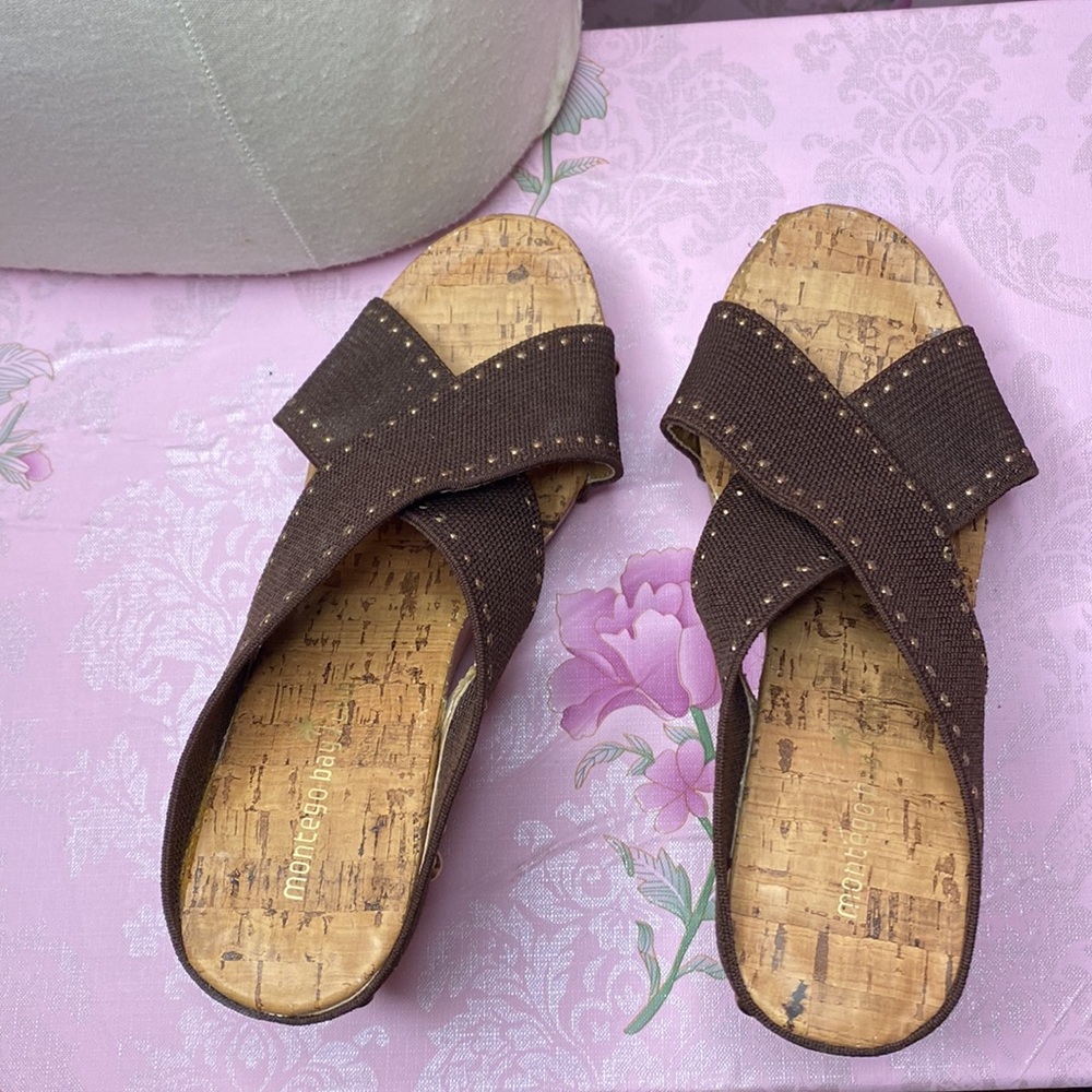 🌹 Montego Bay Club 🌹 NWOT Brown Corkscrew Slip On Platform Wedge Sandals - Picture 7 of 10